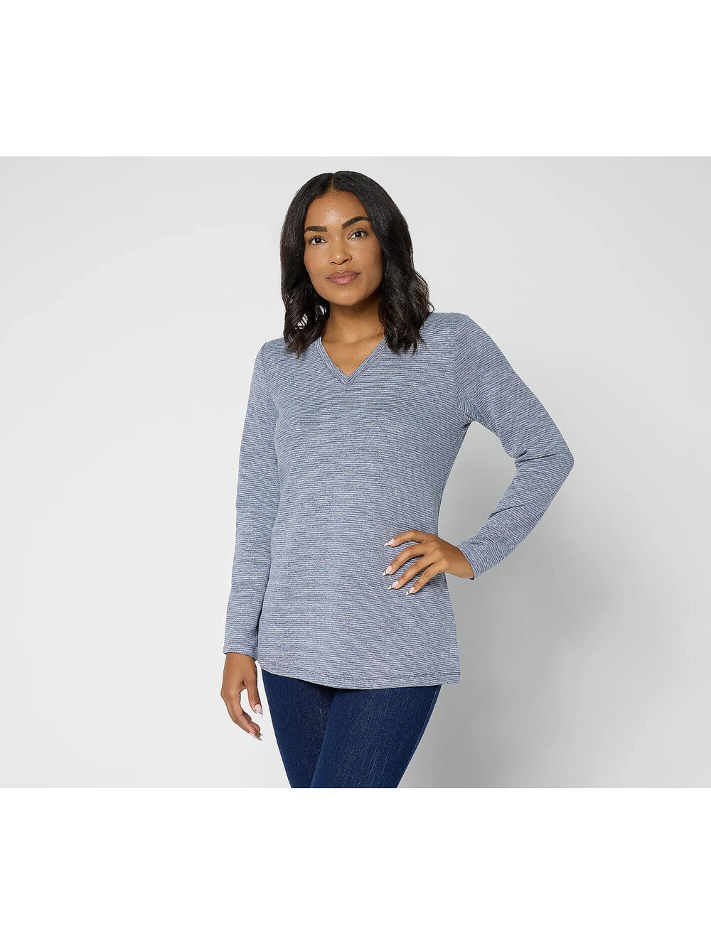 Denim & Co Petite Interlock Striped V-Neck Tunic Size MP